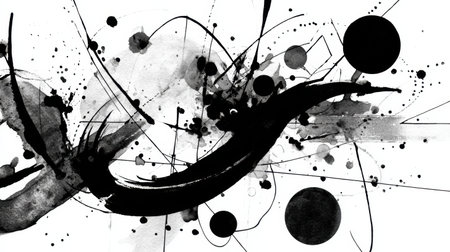 Abstract artwork combining bold black splashes, swirling lines, and circular forms against a stark white backdrop creates a striking visual experience.の素材