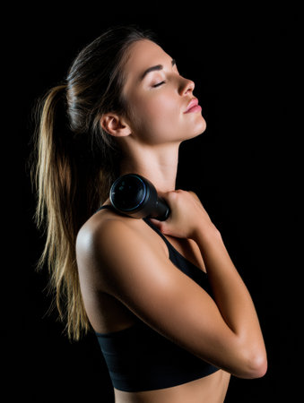 A woman with long hair stands confidently holding a dumbbell close to her shoulder, eyes closed, showingcasing strength and concentration in a dark environment.の素材