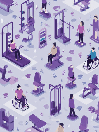 People of different abilities use gym equipment in a vibrant fitness center, illustrating a supportive environment for all to exercise and thrive.の素材