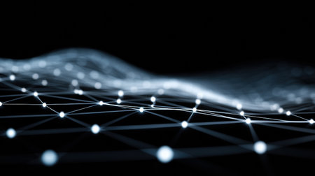 Glowing points are connected by lines in a dark setting, suggesting a digital landscape or network evolving with depth and movement.の素材