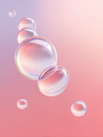 Bubbles drift gracefully through a soft pastel environment of pink and purple, capturing light and creating reflections, evoking calm and serenity.の素材
