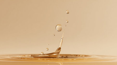 A single water droplet splashes into still water, creating ripples and bubbles in a tranquil setting. The smooth beige background adds to the calmness.の素材