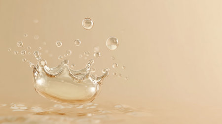 Water splashes upward, creating a delicate crown shape with tiny bubbles against a smooth beige backdrop, embodying elegance and simplicity.の素材