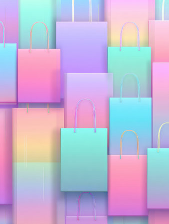 Pastel shopping bags form a vibrant backdrop, blending shades and gradients, perfect for creative projects.の素材