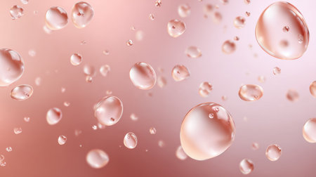 Suspended droplets of water dance in the air, catching light and reflecting a warm pink hue, creating a serene and dreamy visual experience.の素材