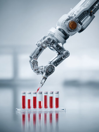 A robotic arm precisely moves red liquid into multiple test tubes on a sleek surface in a contemporary lab environment, showing advanced technology.の素材