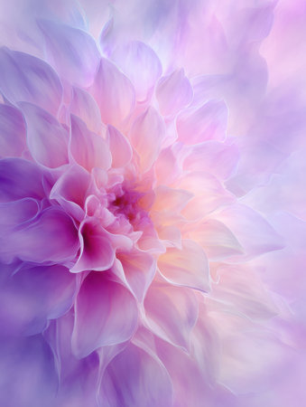 The scene features a close-up view of a dahlia flower, showing its delicate, layered petals in shades of purple and pink, creating a calming atmosphere.の素材