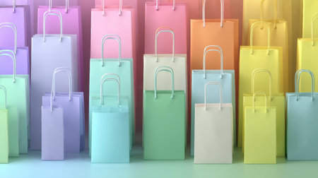 Pastel shopping bags of different colors are elegantly arranged in a retail environment, creating a vibrant and inviting atmosphere for customers.の素材