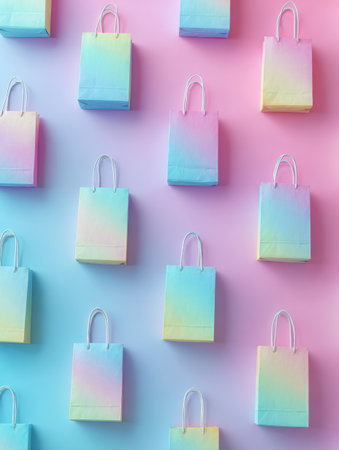 A collection of pastel-themed gift bags is displayed against a colorful wall. The arrangement adds a festive and inviting touch to any event or celebration.の素材