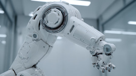 A detailed view of a sleek white robotic arm in a futuristic laboratory with clean lines and advanced technology, highlighting precision engineering and design.の素材