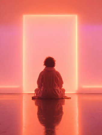 A person sits calmly in a meditative pose in a room illuminated by soft neon lights, creating a serene atmosphere and reflecting colors on the floor.の素材