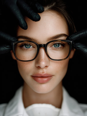 A stylist applies makeup to a model with glasses while focusing on her features in a well-lit beauty studio during a professional photo shootの素材