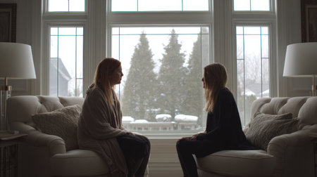 Two women sit facing each other on sofas in a warm living room. Snow falls outside the large windows, creating a peaceful winter scene.の素材