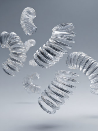 Clear, spiral-shaped objects hover in mid-air, catching light and creating a captivating scene with a minimalist gray background that emphasizes their design.の素材