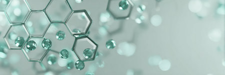A striking view of teal and silver molecular structures on a soft background, showing advancements in chemical science and technology.の素材