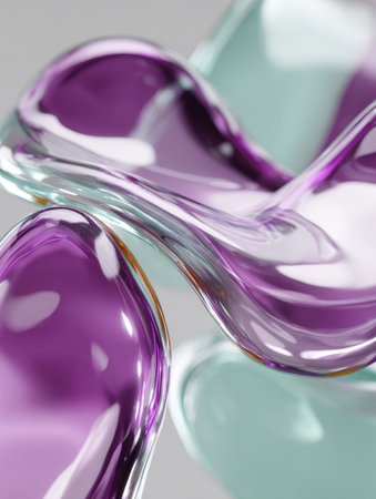 Intricate glass shapes in purple and teal create a visually striking composition, capturing light and forming an elegant abstract piece.の素材