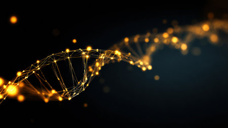 Glowing strands of DNA shimmer against a dark background, showing intricate patterns and bright points of light, illustrating the beauty of genetics.の素材