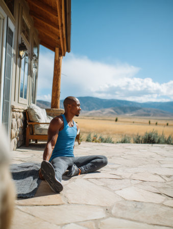 A person practices meditation on a stone patio surrounded by stunning mountain views under a clear blue sky on a sunny day.の素材