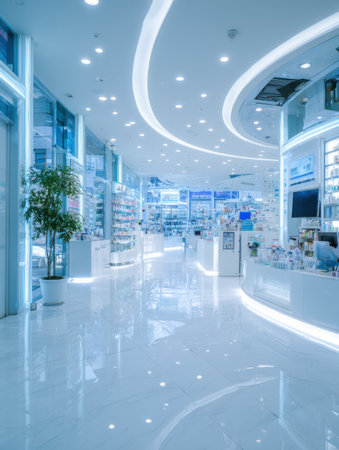 Bright, clean pharmacy interior featuring sleek shelves and modern design elements, buzzing with activity in a lively shopping area.の素材