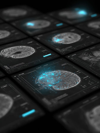 Multiple screens present detailed brain scans showing areas of activity, highlighting advancements in neuroscience and medical research technology.の素材