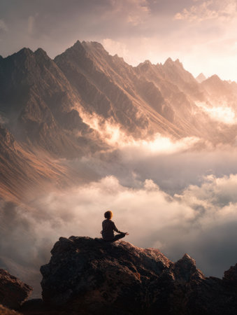 Person meditates on a rocky outcrop as the sun sets behind majestic mountains, casting warm tones across clouds and creating a serene atmosphere.の素材