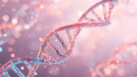 This visual highlights a colorful DNA helix with sparkling effects against a soft, glowing background, typical of scientific research.の素材