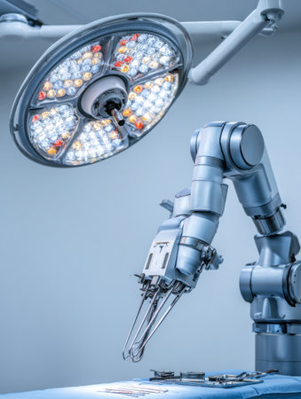 A robotic surgical system is actively engaged in a medical procedure under an advanced light source in a high-tech operating room.の素材