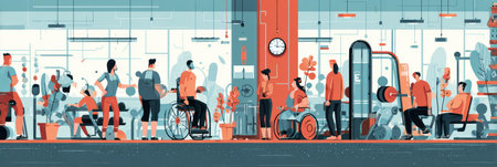 People of diverse abilities work out together in an energetic gym, showcasing inclusivity and determination amid equipment and plants.の素材