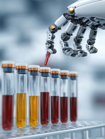 A robotic hand is inserting a red liquid into one of several test tubes filled with different colored liquids in a modern laboratory environment.の素材