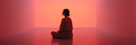 A person sits cross-legged in a serene environment, illuminated by soft red hues, fostering a peaceful and reflective atmosphere at dusk.の素材