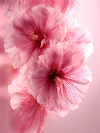 Bunch of pink hibiscus flowers bloom in harmony, their soft petals reflecting light against a gentle pink backdrop, creating a serene atmosphere.の素材