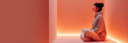 A young woman sits in a tranquil, warmly illuminated setting, enjoying a peaceful moment of meditation or reflection in the cozy atmosphere.の素材