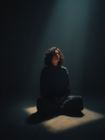 A woman sits on the floor, eyes closed, basking in a solitary beam of light in an otherwise dark space, embodying peace and introspection.の素材