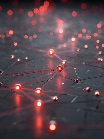 A vibrant display of red dots interconnected with thin lines, showcasing a modern interpretation of a digital network against a dark background.の素材
