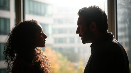 Two individuals face each other in silhouette, illuminated by sunlight filtering through large windows, creating an intimate atmosphere in a contemporary space.の素材