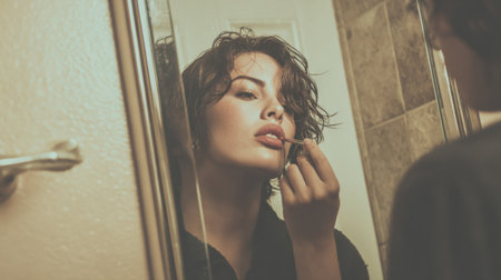 A young woman is focused on applying lip color while looking at her reflection in a bathroom mirror, surrounded by warm-toned tiles.の素材