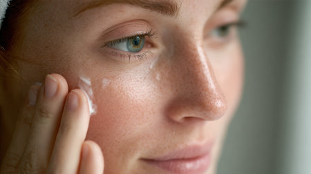 A young woman gently applies a skincare cream on her cheek while soft enjoying natural light in a serene indoor space, focusing on her self-care routine.の素材