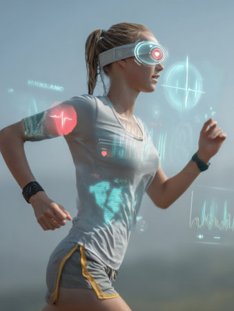 A young woman runs outdoors wearing augmented reality smart glasses that display health metrics and virtual elements on a sunny day.の素材