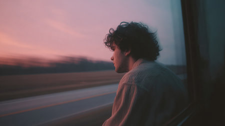 A young male with curly hair looks thoughtfully outside a moving train window, observing the beautiful sunset across the open landscape.の素材