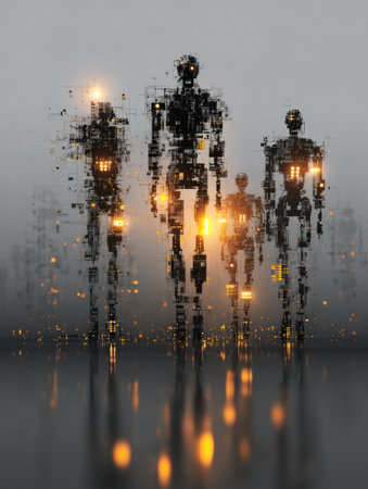 Robotic figures with pixelated designs walk through a foggy setting, illuminated by soft golden lights, creating a futuristic atmosphere.の素材
