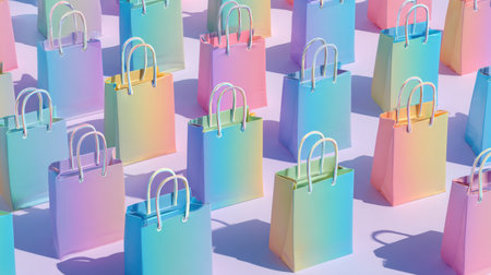 A vibrant collection of gradient shopping bags is neatly arranged, creating an eye-catching visual display under soft lighting conditions.の素材