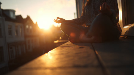 A woman practices meditation on a balcony during sunset, surrounded by buildings, soaking in the serenity of the fading light and peaceful atmosphere.の素材