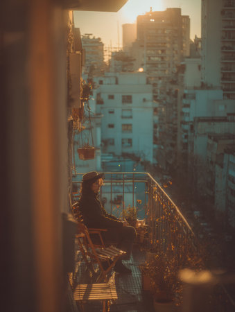 A person sits quietly on a balcony chair, surrounded by plants, as the sun sets behind city buildings, casting a warm glow over the scene.の素材
