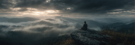 A person sits in meditation on a large rock, surrounded by mist-covered mountains under a cloudy sky during the early morning hours.の素材