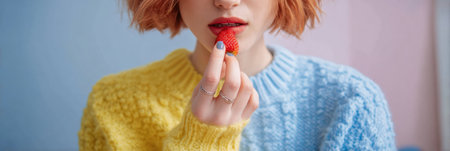 A person with short, stylish hair enjoys a fresh strawberry while wearing a bright yellow and blue sweater, surrounded by a cozy indoor ambiance.の素材