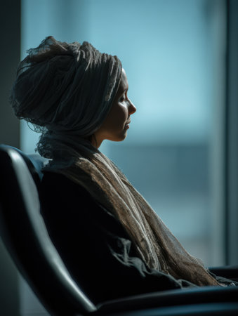 A woman sits quietly in a chair, her profile visible as she gazes out of a large window. Soft light highlights her headscarf and thoughtful expression.の素材