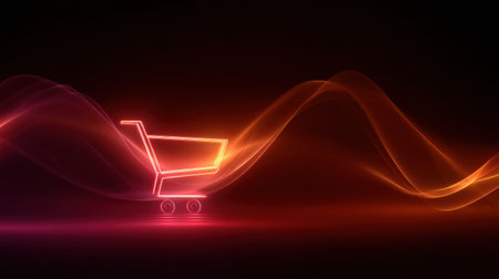 A shopping cart outline glides through flowing waves of colorful light, creating a dynamic scene that blends shopping and technology in a modern design.の素材