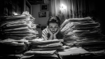 A young woman sits with her hands on her face, surrounded by chaotic stacks of paperwork in a small, dimly lit room, conveying a feeling of stress and anxiety.の素材