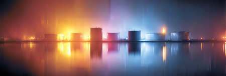 Industrial storage tanks stand along a serene waterway at night, illuminated by colorful lights and surrounded by a gentle fog, creating a mesmerizing scene.の素材