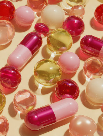 A vibrant collection of capsules and shimmering spheres in various sizes and colors scattered on a soft, light background, creating an eye-catching arrangement.の素材